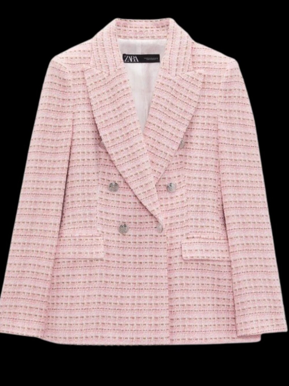 ZARA Womens L Pink Tweed Blazer Double Breasted Metallic Crest Buttons Jacket